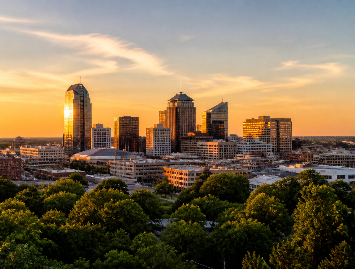 The Wichita Kansas city skyline at sunset